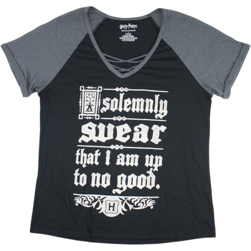 Harry Potter Solemnly Swear Graphic Raglan Tee Strappy V-Neck Black Grey Size 4